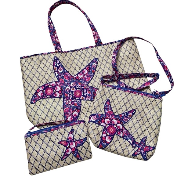 NWT Vera Bradley 3-Piece Bag Set | Beach Tote, Crossbody & Wristlet – Magenta - Picture 1 of 16